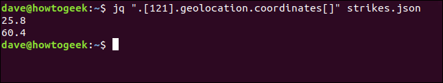 The "jq ".[121].geolocation.coordinates[]" strikes.json" command in a terminal window.