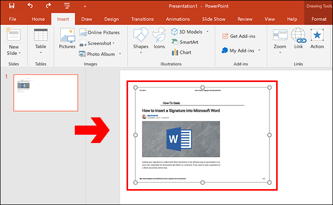 A PDF document inserted as an object in a Microsoft PowerPoint presentation