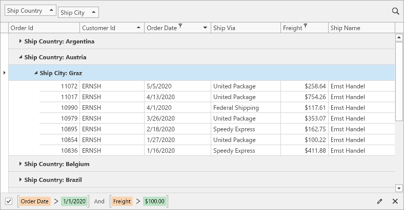 DevExpress WPF中文教程：如何在GridControl中对数据排序、分组、过滤？