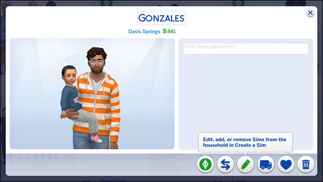 A household showing a male character holding a little boy character in "The Sims 4."