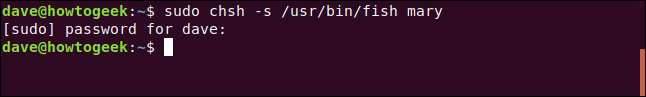 sudo chsh -s /usr/bin/fish mary in a terminal window.