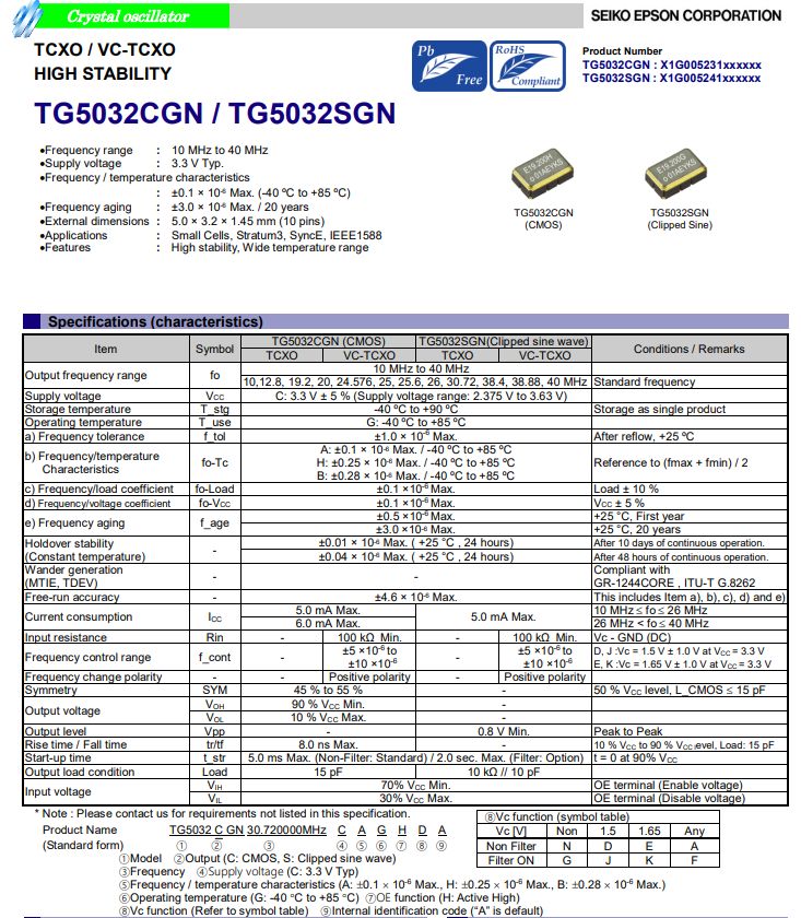 TG5032CGN TCXO 超高稳定10pin端子型适用于汽车动力转向控制器