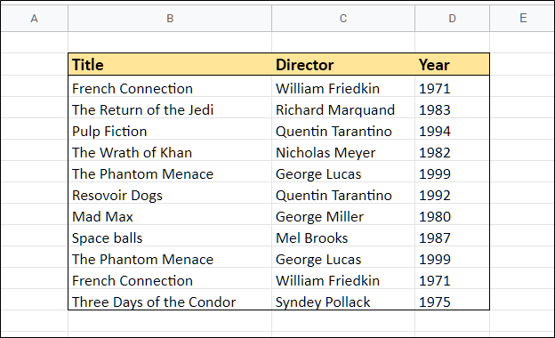 A Google Sheet with duplicate rows