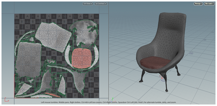 展开的 UV 和 3D 模型。