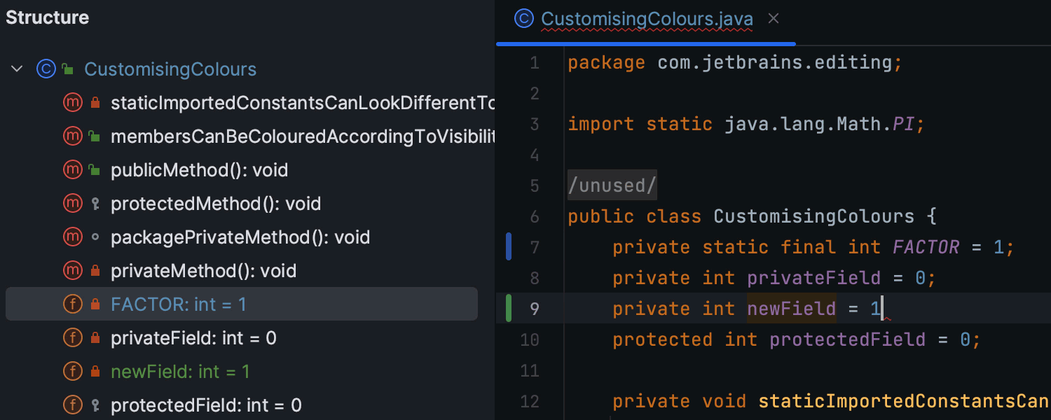 Structure（结构）工具窗口中的 VCS 状态颜色提示