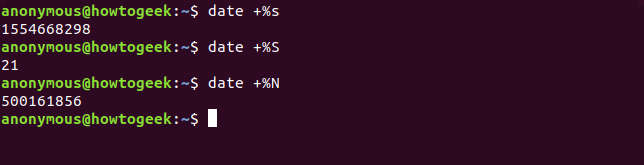 Output of the date command with s S N options