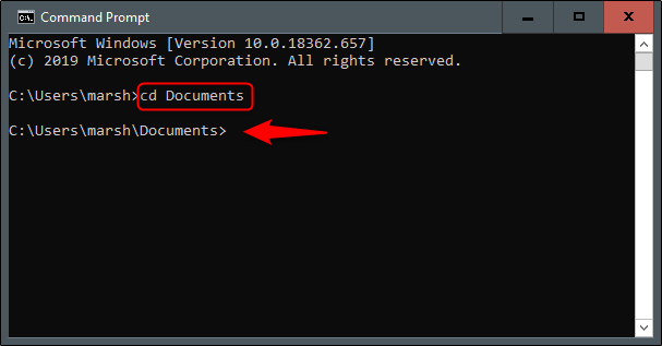 The "cd Documents" command in Command Prompt.