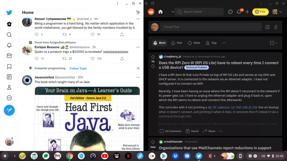 Chromebook 上的 PWA，Twitter 和 Reddit 作为 PWA 并排运行