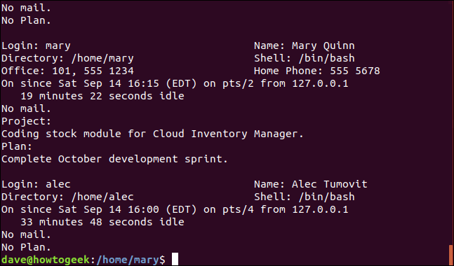 Output from the finger long listing command in a terminal window