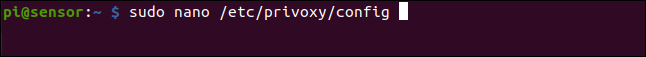 sudo nano /etc/privoxy/config in a terminal window.