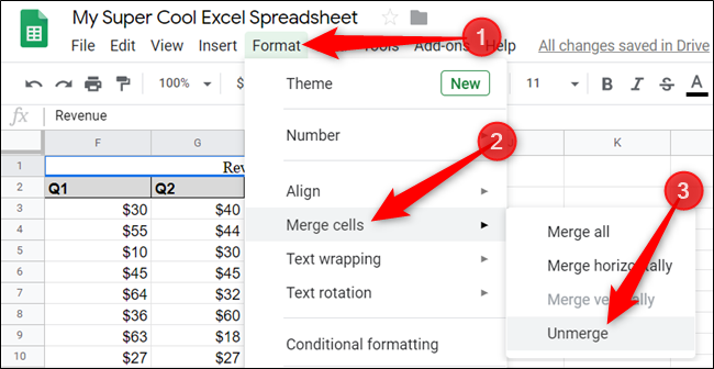 To unmerge the cell, click the merged cell, and then click Format > Merge cells > Unmerge.