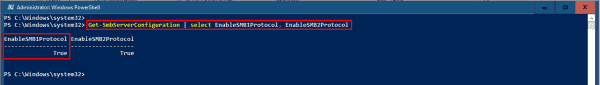 PowerShell を使用して SMB 1.0 プロトコルが有効になっているかどうかを確認する