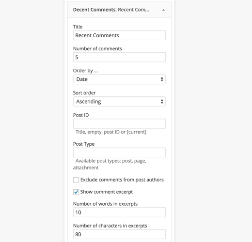 Decent comments widget settings