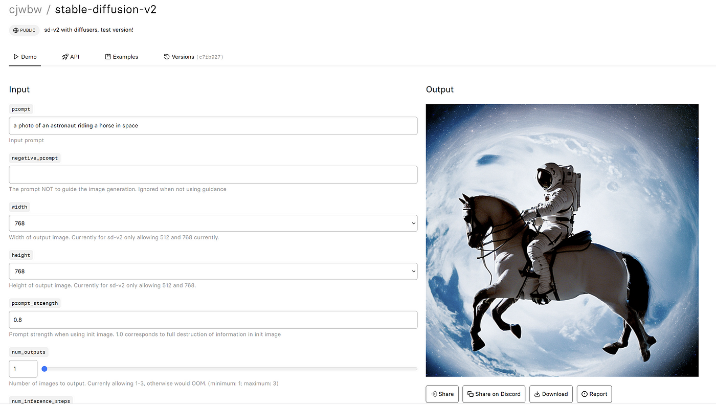 Stable Diffusion 2.0 demo on Replicate. An astronuat riding a horse in space sample image