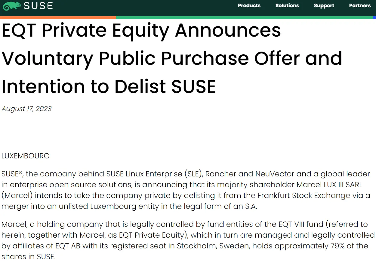 企业级 Linux 开发商 SuSE 即将私有化企业级 Linux 开发商 SuSE 即将私有化