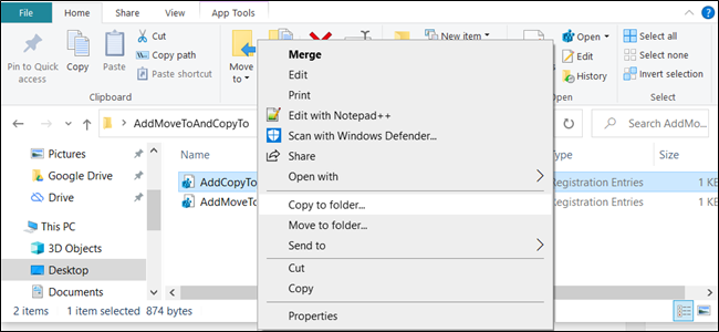 The Windows 10 Context menu with "Copy to" and "Move to" included.