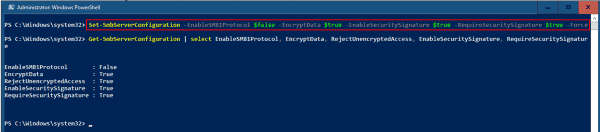 Disabling SMB 1.0 and enabling SMB encryption, signing using a single PowerShell command