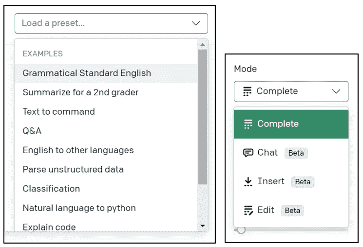 图 1.9 – 提示预设和模型模式