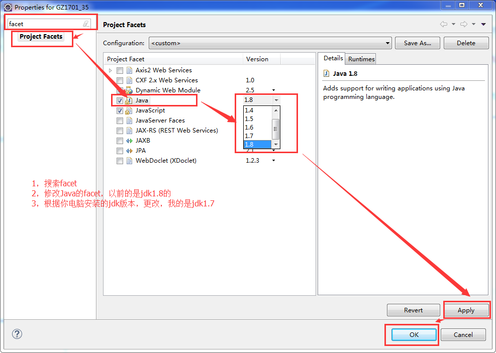 Eclipse facet project facet java version 1 8 is not supported 