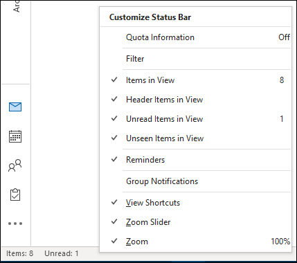 The "Customize Status Bar" menu.