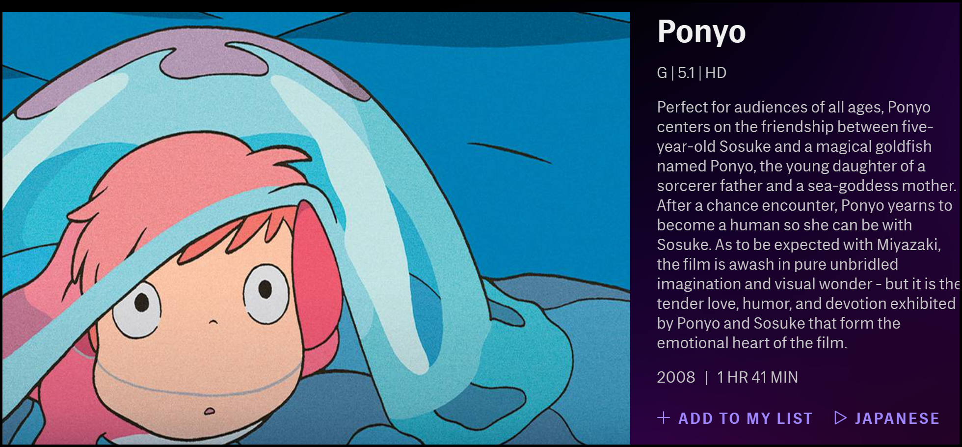 The description of "Ponyo" on HBO Max.