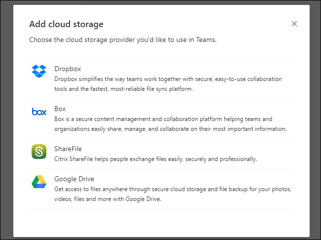 Teams Add Cloud Storage Menu