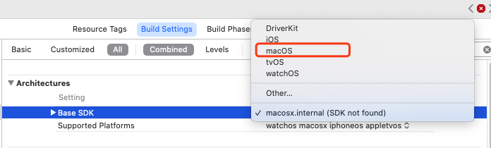 解决unable to find sdk 'macosx.internal'