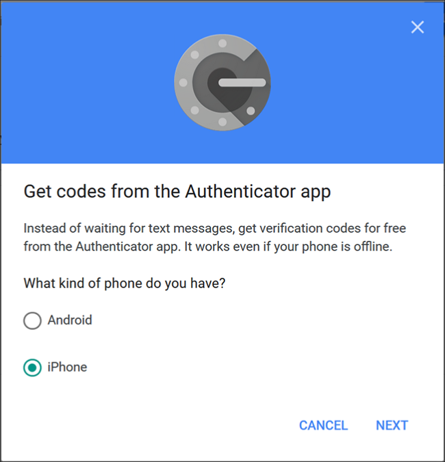 The Google Authenticator screen where you choose "Android" or 'iPhone."