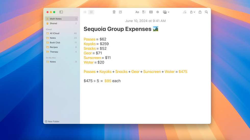 MacBook Pro 的备忘录 app 中展示用户的 Math Notes 计算。