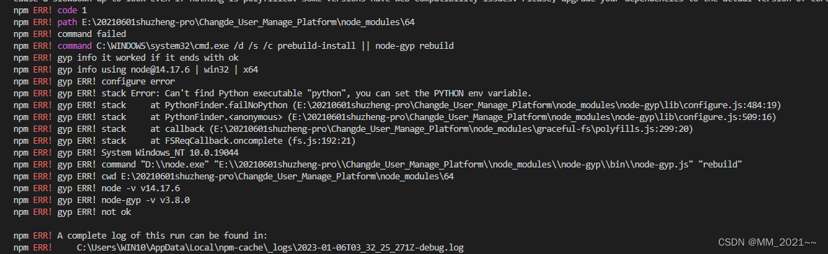 node-gyp ERR! stack Error: `gyp` failed with exit code: 1 · Issue #2025 ·  nodejs/node-gyp · GitHub