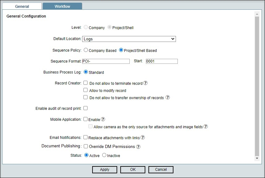 Image of the General Configuration screen for a business process, highlighting the option to set a checkmark beside Override DM Permissions.