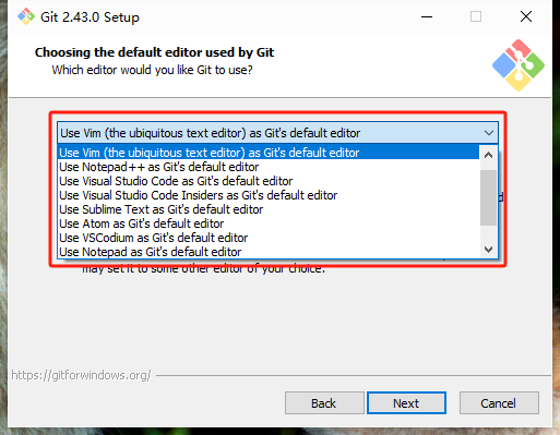 选择默认编辑器（选择默认的Vim即可，配置Git时会单独讲解配置编辑器更合适），点击Next