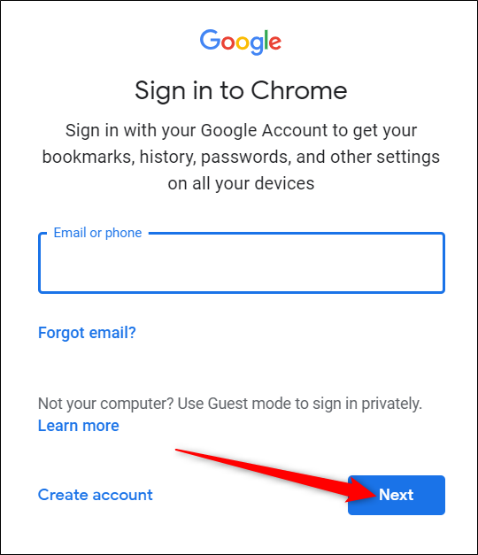 Enter your Google account and hit "Next."