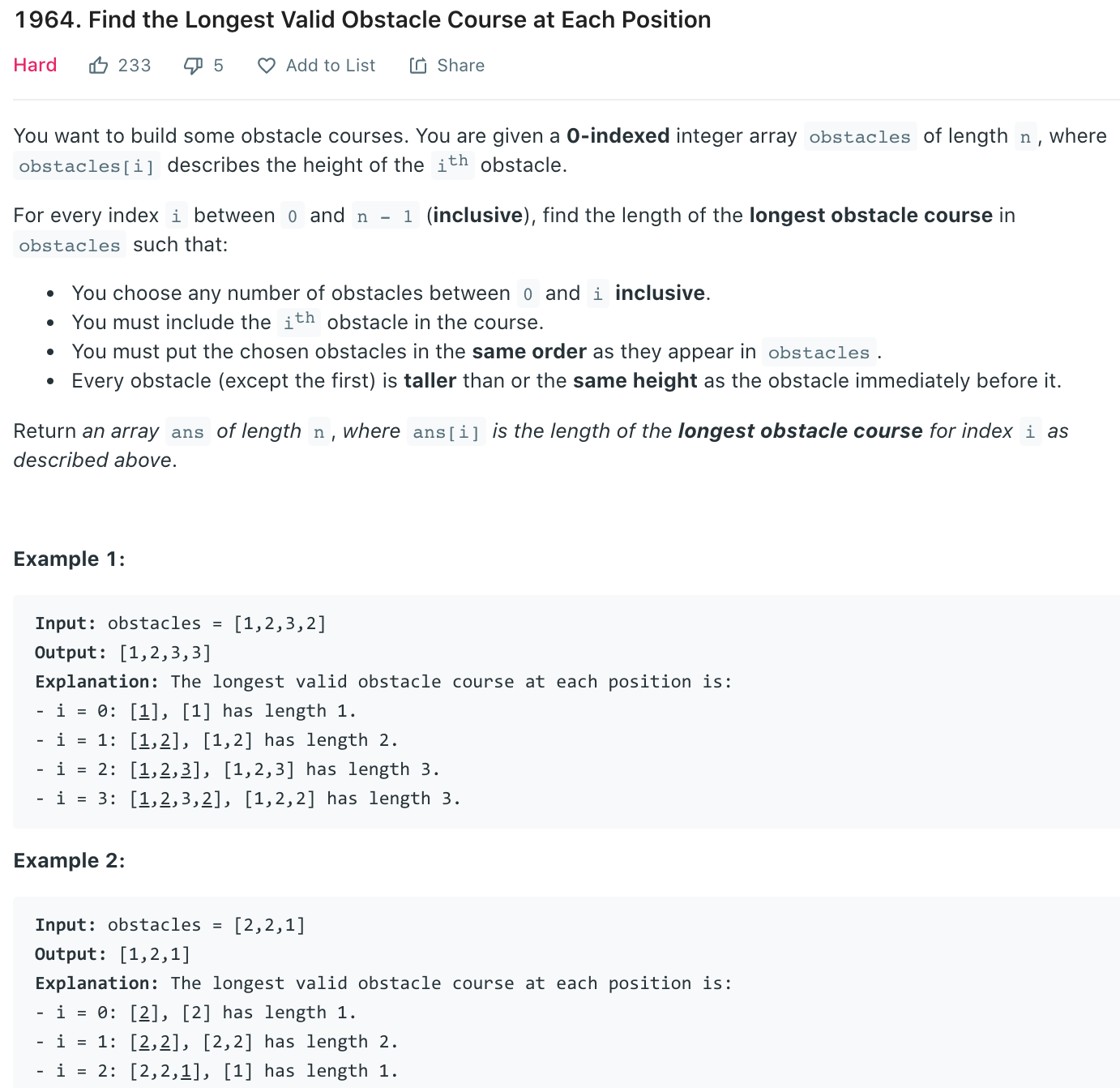 Leetcode 1964. Find the Longest Valid Obstacle Course at Each Position