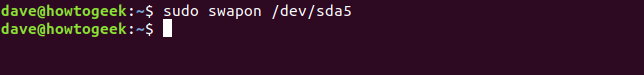sudo swapon /dev/sda5 in a terminal window