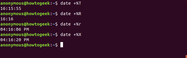 Output of the date command with T R r X options