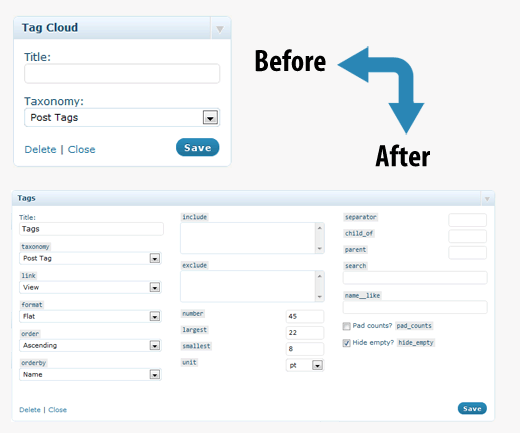 Before and After shot of Widgets Reloaded Tags