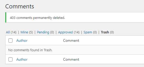 WordPress showing a message to confirm that the comments have been permanently deleted