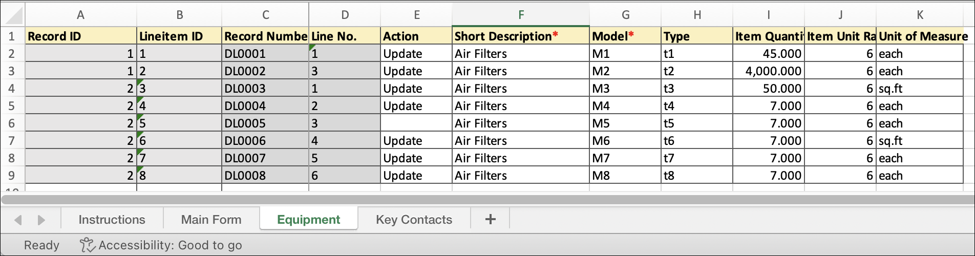 A screen image of a spreadsheet, showing 8 lines of data exported from a warranty business process. There are four worksheets: instructions, the main form, equipment, and key contacts.