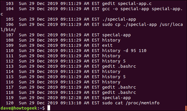 A history list with timestamps in a terminal window.