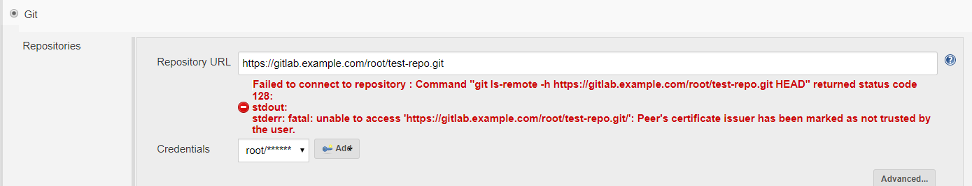 jenkins连接gitlab出现eturned status code 128:stdout:  stderr: fatal: unable to accessPeer‘s certificate