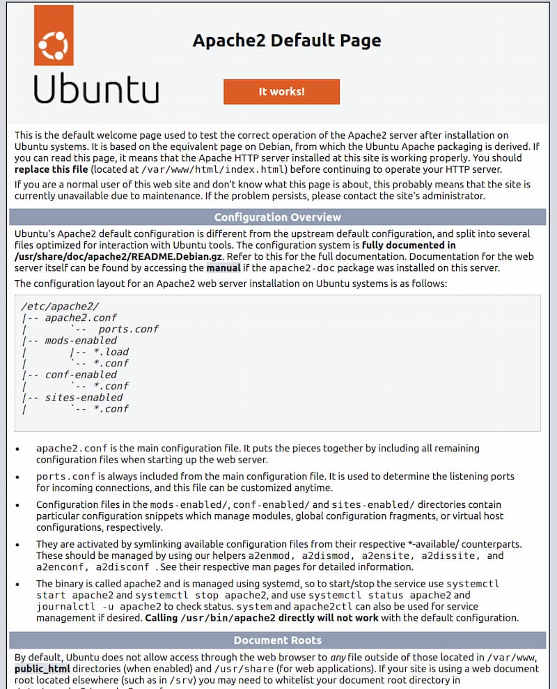 Ubuntu 22.04 Apache 默认网页，其中概述了默认配置设置