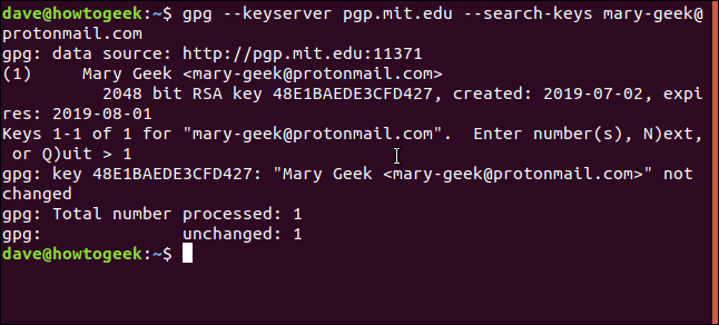 gpg keyserver results in a terminal window