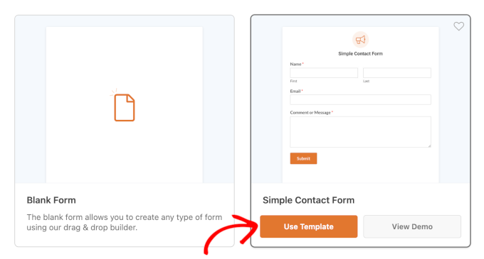 WPForms 设置面板中简单联系表单的使用模板按钮