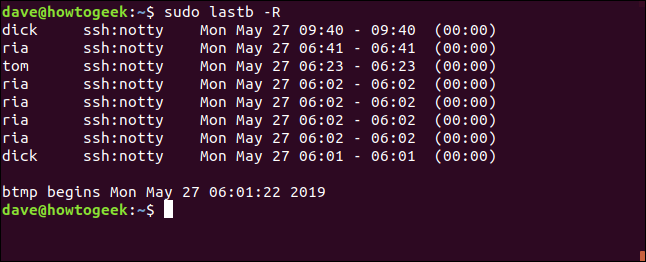 lastb - R in a terminal window