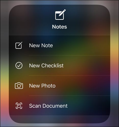 The Notes app menu.