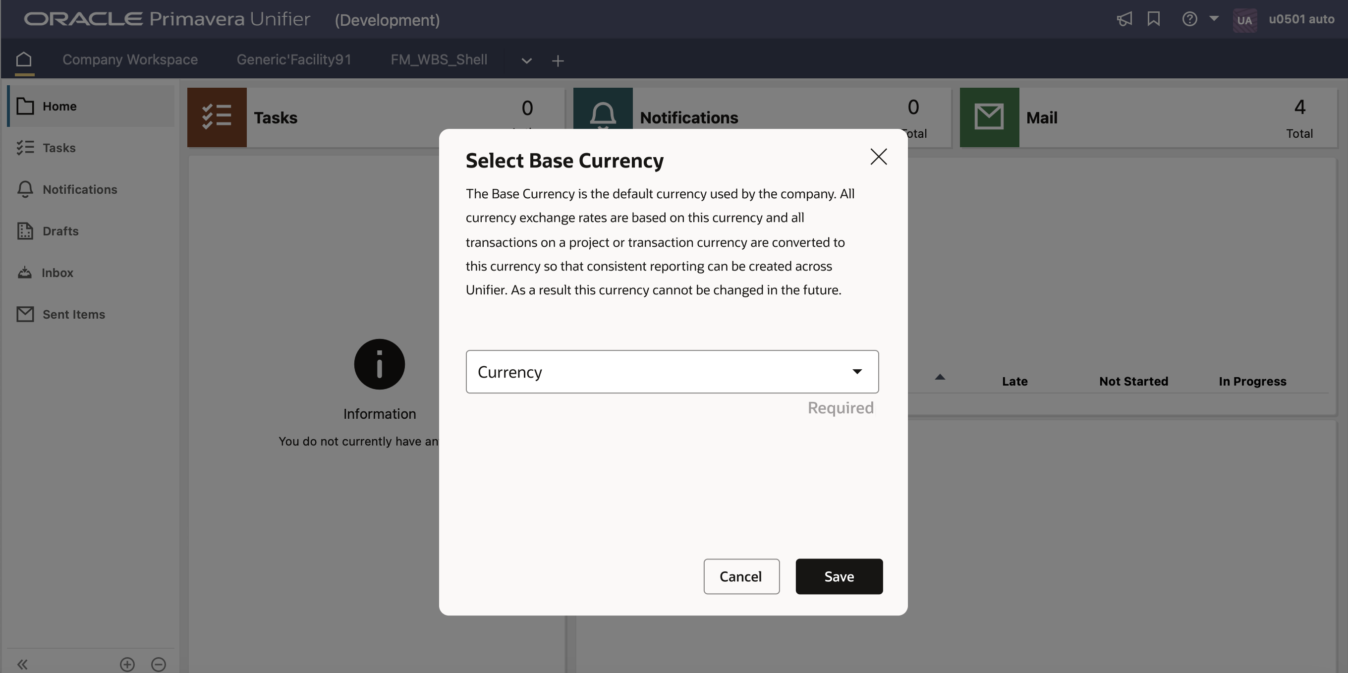 Screen image showing a pop-up window announcing that a base currency must be selected and offering a drop-down picker to set the base currency.