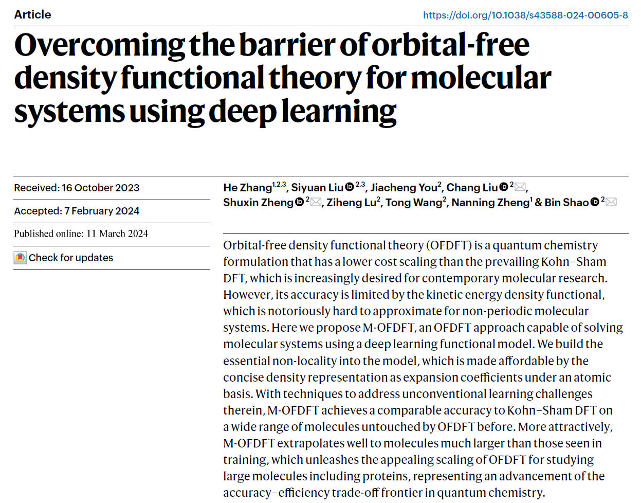 M-OFDFT 相关研究已发表在《自然-计算科学》（Nature Computational Science）上