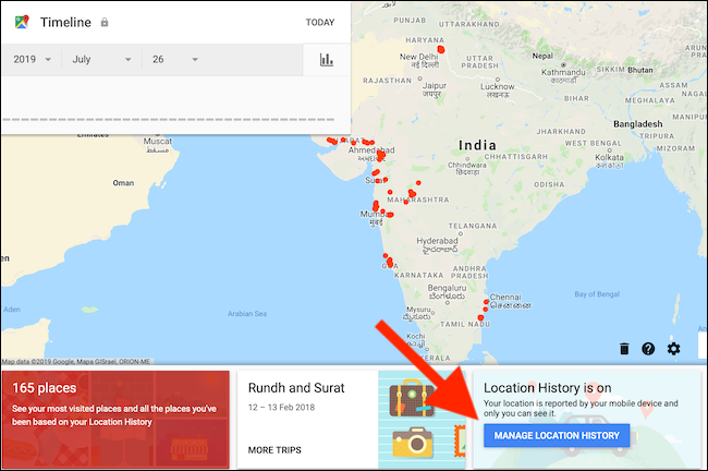 Click on Manage Location History button from Google Maps Timeline page