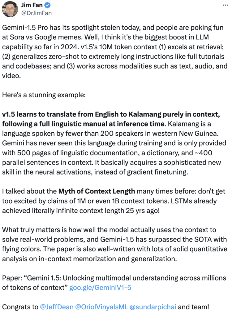 10M上下文，仅靠提示就掌握一门语言，Google Gemini 1.5被OpenAI抢头条是真冤